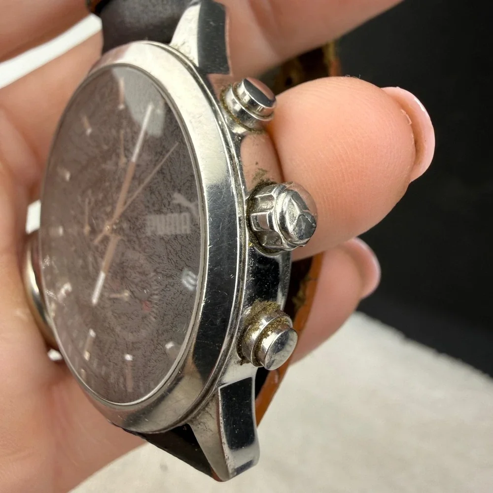 Puma Chronograph Watch Black Silver Leather Strap Date Sport Mens 7.5in